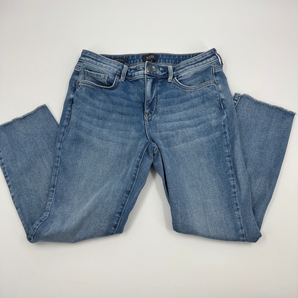NYDJ Sheri Slim Jeans Womens 8 Blue Medium Wash Lift Tuck Raw Hem Denim